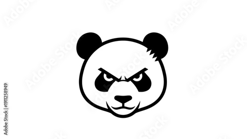 Angry panda head illustration with fierce expression, stylized scar, and black and white line art graphic