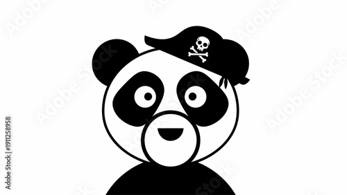 Cute cartoon panda character head wearing a pirate hat with a skull and crossbones emblem, fun black and white animal illustration