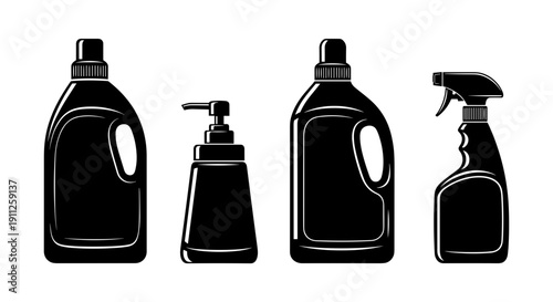 A set of black and white cleaning supplies in a flat vector graphic design