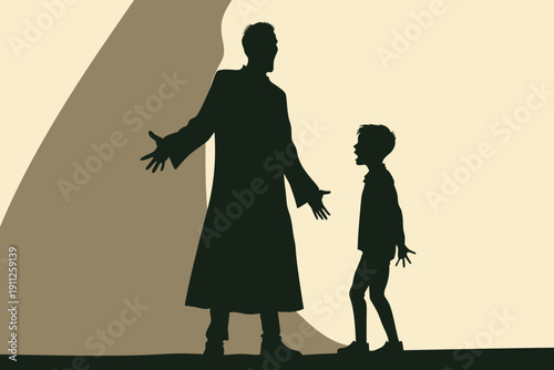 Father gesturing yelling at son silhouette, fear authority dysfunctional family trauma vector