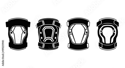 A set of four knee pads in different views, designed in a flat, minimalist style