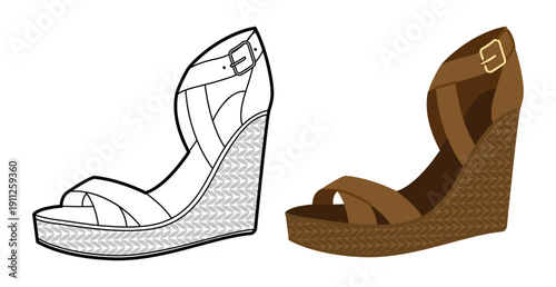 Brown cork wedge sandal shoe women flat plus line set. Cross strap wedge sandal for fashion catalog resort project. Technical fashion illustration CAD mockup mixed vector man unisex isolated style.