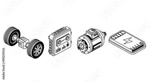 A detailed illustration of various mechanical components in a flat, minimalist design style