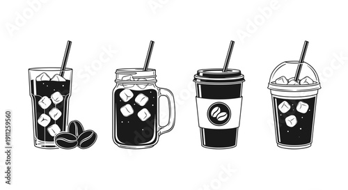 A set of four black and white coffee cups with straws and ice cubes in a minimalist line art style