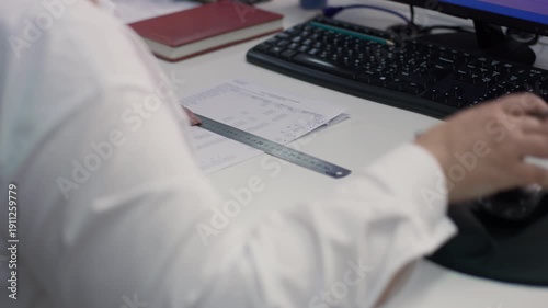 Extreme close-up on the desk, showing the hands of an employee typing rapidly on a black keyboard. A spiral notebook lies to the right on the white desk. 4K.