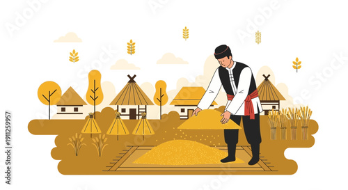 Rural Harvest Scene Featuring Traditional Farming Methods And Village Life