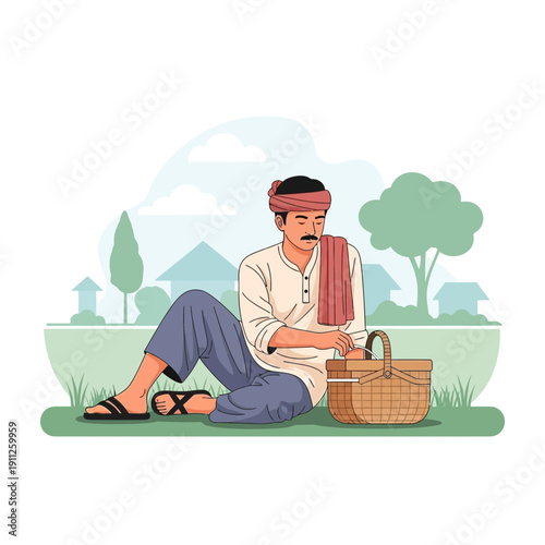 Rural Man Resting With Basket Amidst Verdant Landscape And Village