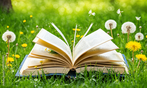 open book lying in green gr...
