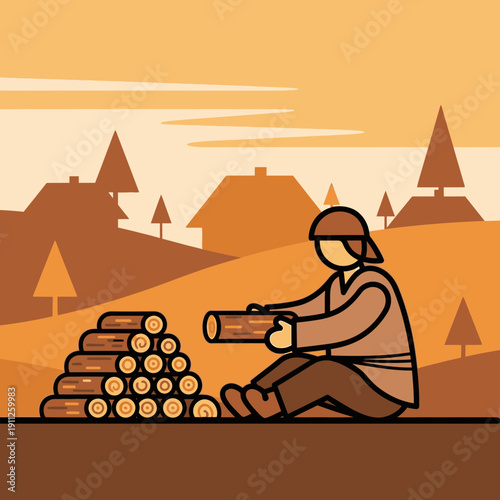 Rural Scene of Woodcutter Preparing Fuel for Warmth and Daily Life