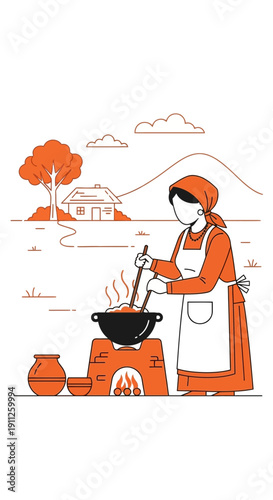 Rustic Outdoor Cooking Scene With Traditional Hearth And Villager Illustration