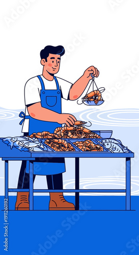 Seafood Merchant Displays Fresh Catch at Market Stall