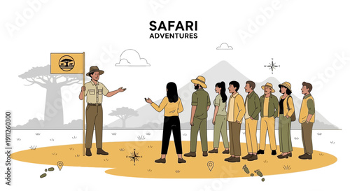 Safari Expedition Guide Leading Tourists On An Adventure Tour