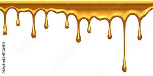 Golden liquid dripping down on transparent background, molten gold flowing drops, luxury metallic