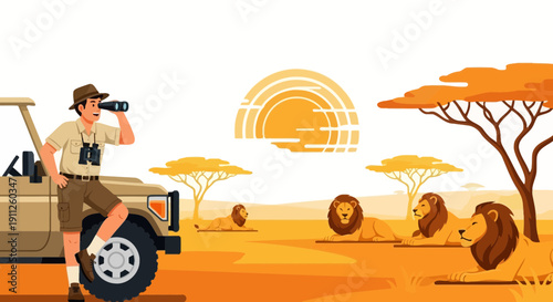 Safari Explorer Observes Majestic Lions in African Savannah Landscape