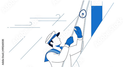 Sailor Adjusting Rigging On A Bright Sunny Day
