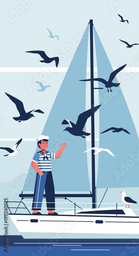 Sailor Feeding Seagulls Aboard A Yacht Enjoying A Peaceful Sea Voyage
