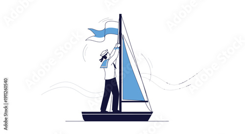 Sailor Hoisting Flag On Sailboat Minimalist Nautical Journey Celebration