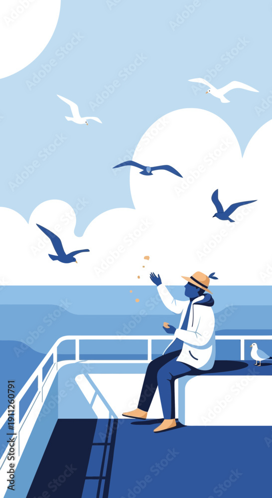 Obraz premium Serene Coastal Journey Feeding Seagulls A Moment of Peace