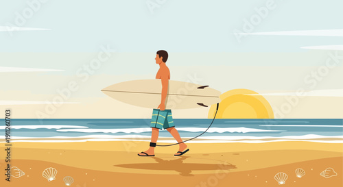 Serene Beachfront Sunrise Stroll With A Surfboard