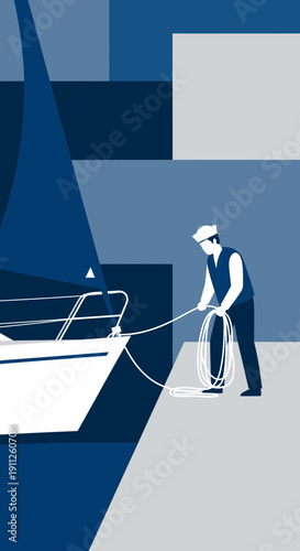 Sailor Securing Yacht Beside Dock Abstract Geometric Design
