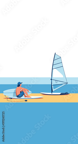 Serene Beachside Watersports Scene with Surfer and Windsurfer Ready for Adventure