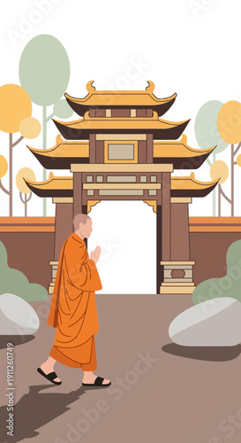 Serene Buddhist Monk Walks Towards Ancient Temple Gate In Autumn Scenery