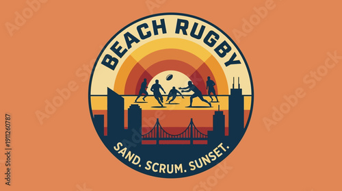 Beach Rugby Sand Scrum Sunset Event Logo With Rugby Players Silhouette On Orange Background