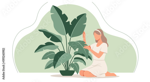 Serene Gardener Tending Lush Foliage In Minimalist Setting