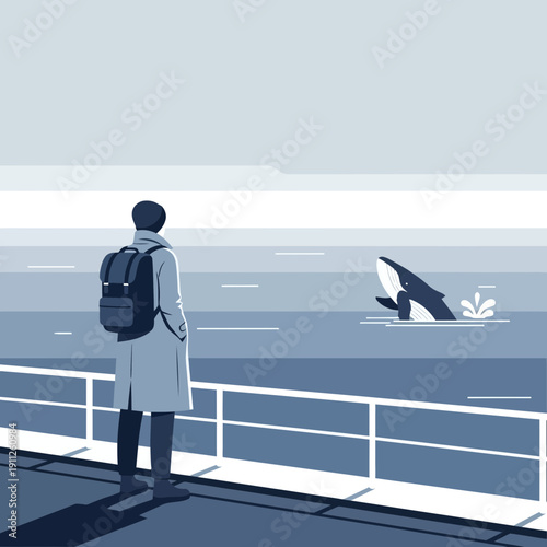 Serene Encounter Person Observes Whale Breaking Surface Ocean