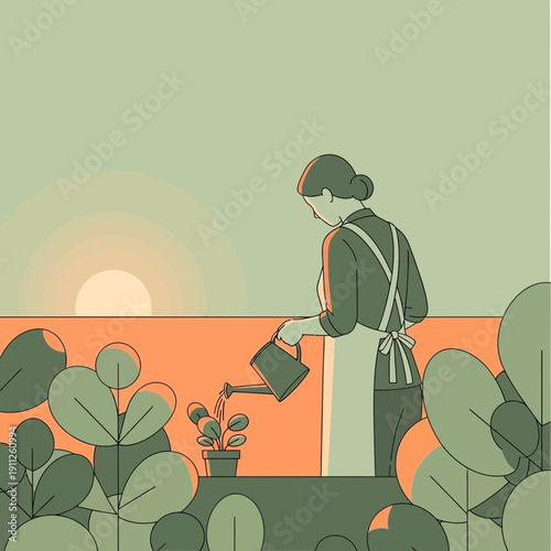 Serene Gardener Tending To Plants At Sunrise Minimalist Illustration
