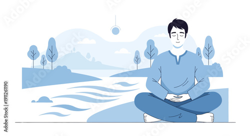 Serene Man Meditating In A Peaceful Landscape Environment