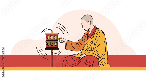 Serene Monk Engaged in Spiritual Practice with Prayer Wheel