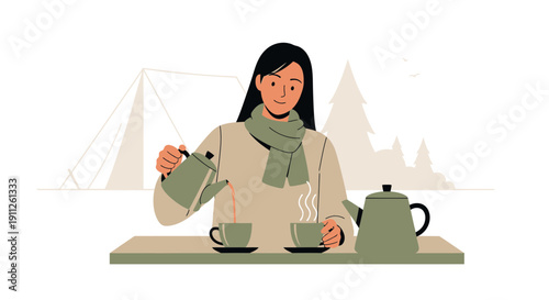 Serene Outdoor Tea Break Amidst Winter Forest And Cozy Tent