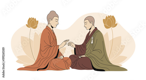 Serene Monks Meditating Together Amidst Blooming Lotuses Minimalist Style