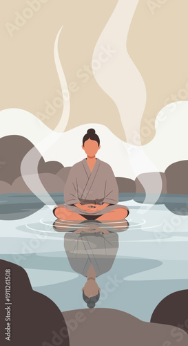 Serene Person Meditating In Lotus Pose Amidst Calm Waters And Misty Surroundings