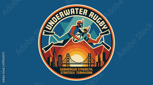 Underwater Rugby Sport Illustration with Divers and Cityscape Sunset