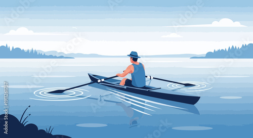 Serene Solo Rowing Expedition On A Calm Lake