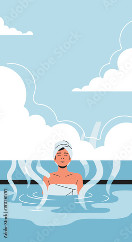 Serene Spa Experience With Steaming Hot Spring Waters Under A Cloudy Sky