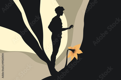 Boy silhouette with traumas in fairy tale flower own world fantasy illustration vector