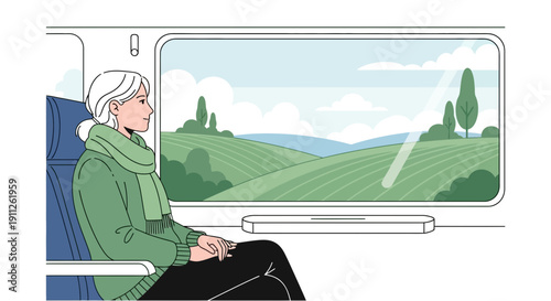 Serene Traveler Gazing Out Train Window At Rolling Green Hills And Sky