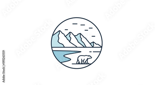 Circular Frame Showing Arctic Landscape with Icebergs and Polar Bear, Climate Change Concept, Isolated White Background