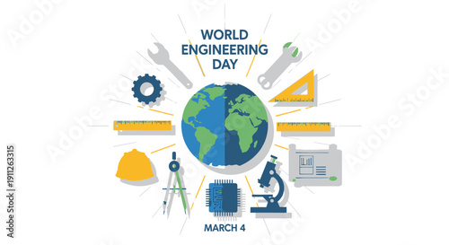 World Engineering Day flat vector illustration with globe, helmet, tools, microscope, and microchip on isolated white background.