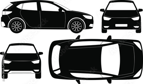 Black and white vector illustration of car showing side, front, rear, and top views highlighting automotive design and structural details