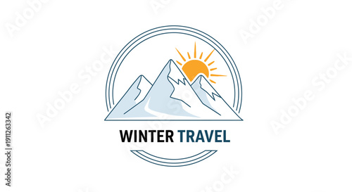 Circular Winter Travel Logo Featuring Snowy Mountains and a Bright Sunrise, isolated white background
