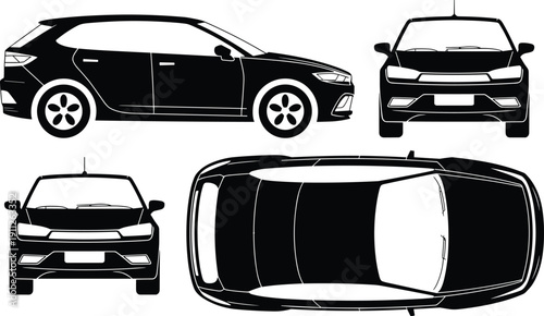 Black and white vector illustration of modern hatchback car showing side, front, rear, and top views with detailed automotive design