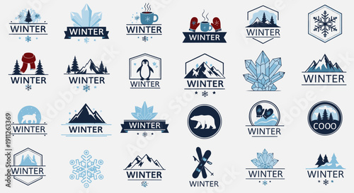 Comprehensive Collection of Winter Themed Icons and Logos with Snowflakes, Mountains, Animals, Hot Drinks, and Mittens, isolated white background