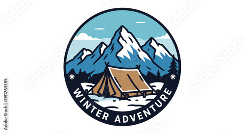 Circular Winter Adventure Emblem with Snowy Mountains, Tent, and Pine Trees, isolated white background