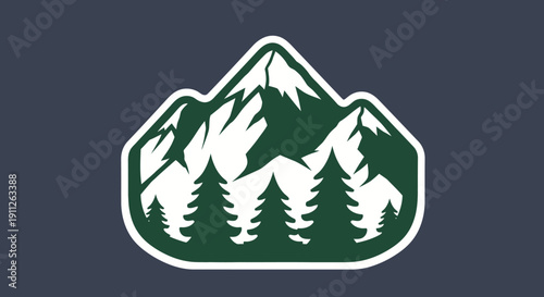 Stylized Mountain and Forest Landscape Logo with Evergreen Trees, on a dark blue-grey background