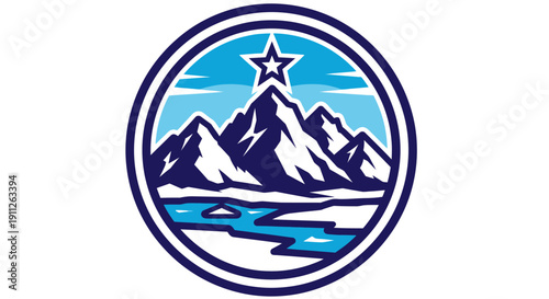 Circular Mountain Landscape Logo with Star, River, and Majestic Peaks, isolated white background