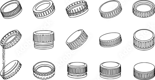 Bottle caps isolated outline set icon.